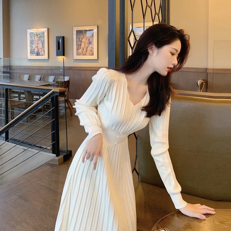 スプリングニットドレス スタイルVネックウェストスカート 春物 スーパーモール18157751489