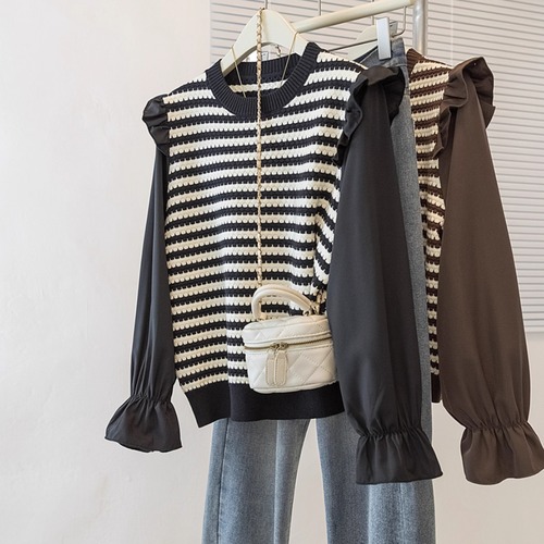 2色／フリルショルダー切替ボーダーニットトップス ・71988