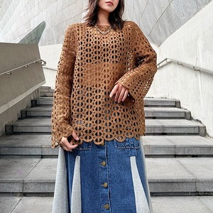 SOLID DESIGN MESH LONG SLEEVES PULLOVER TOP 2colors M-16094