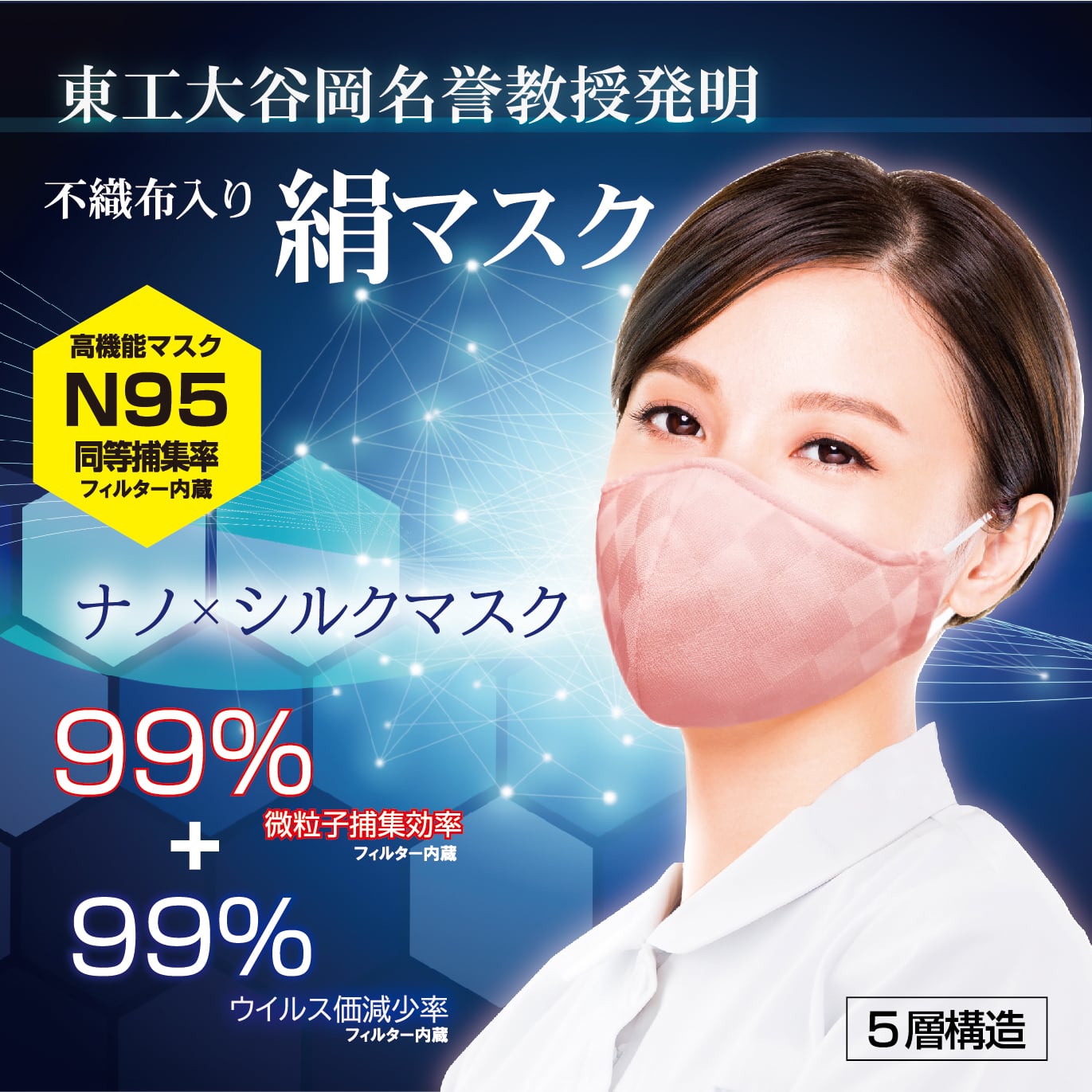 100回 洗える シルク マスク 日本製 N95 級 分子 小杉織物 ナノファイバー 東工大 ナノ シルクマスク 高性能 ナノマスク 小杉の マスク 小杉マスク N95マスク 同等レベル 99 ウイルス捕集効率 息がしやすい 手洗い 繰り返し使える 子供用 東京工業大学 谷岡教授
