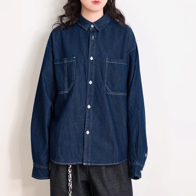 ダブルポケットステッチルーズラインデニムシャツ 1col   R01938