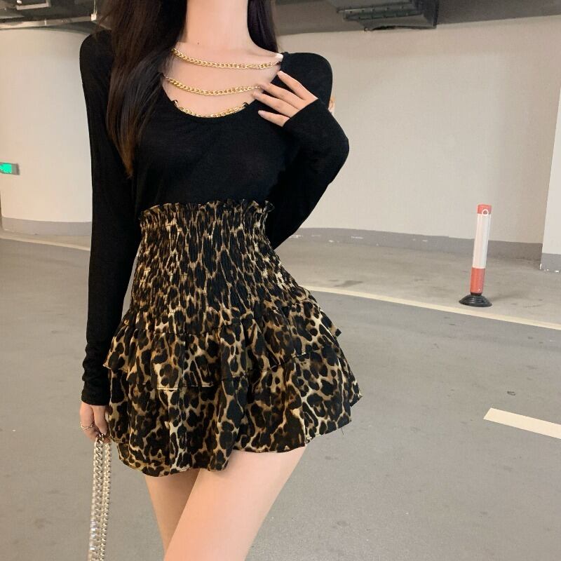 レオパードプリント柄スカート ウェストスリムショートサマーAライン ふわふわ 夏物 ブラックストロベリース80689869593
