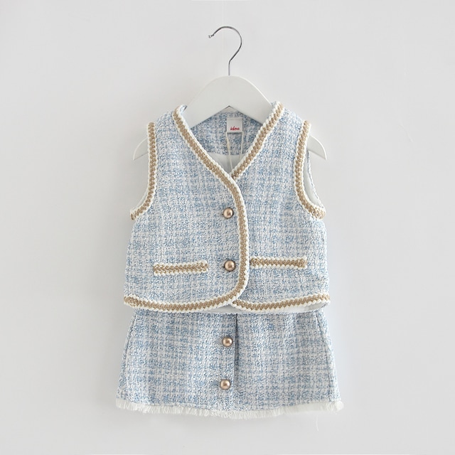 金ボタンのツイードベストセットアップ(ブルー)