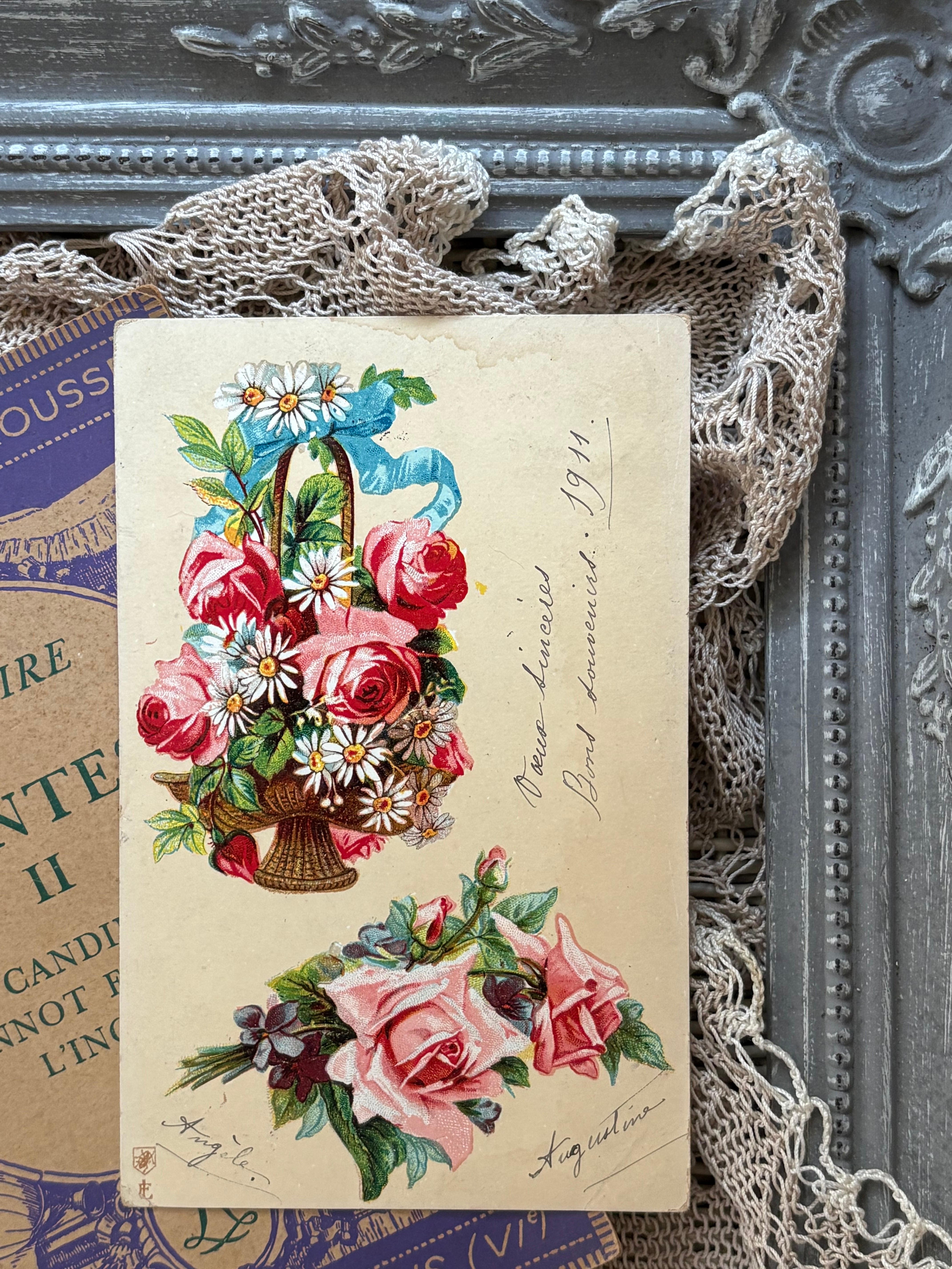 アンティークポストカード パニエ 花籠 薔薇 すみれ Ruban 1911年 額装 インテリア フランス エンボス