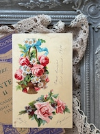 アンティークポストカード パニエ 花籠 薔薇 すみれ Ruban 1911年 額装 インテリア フランス エンボス