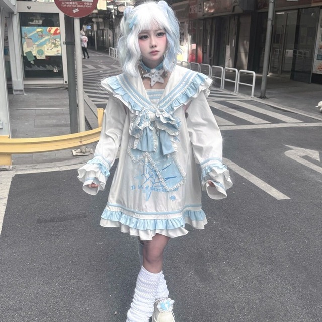 【天使界隈】 ワンピース 単品 セーラー襟×フリル ｜ ブルー×アイボリー ゆめかわ お出かけ｜SEASONZ