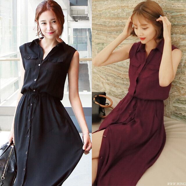 ワンピース レディース ロングワンピ マキシ丈ワンピ シャツワンピ ウエストリボン シャーリング ブラック/グレー/ボルドー S/M/L/XL