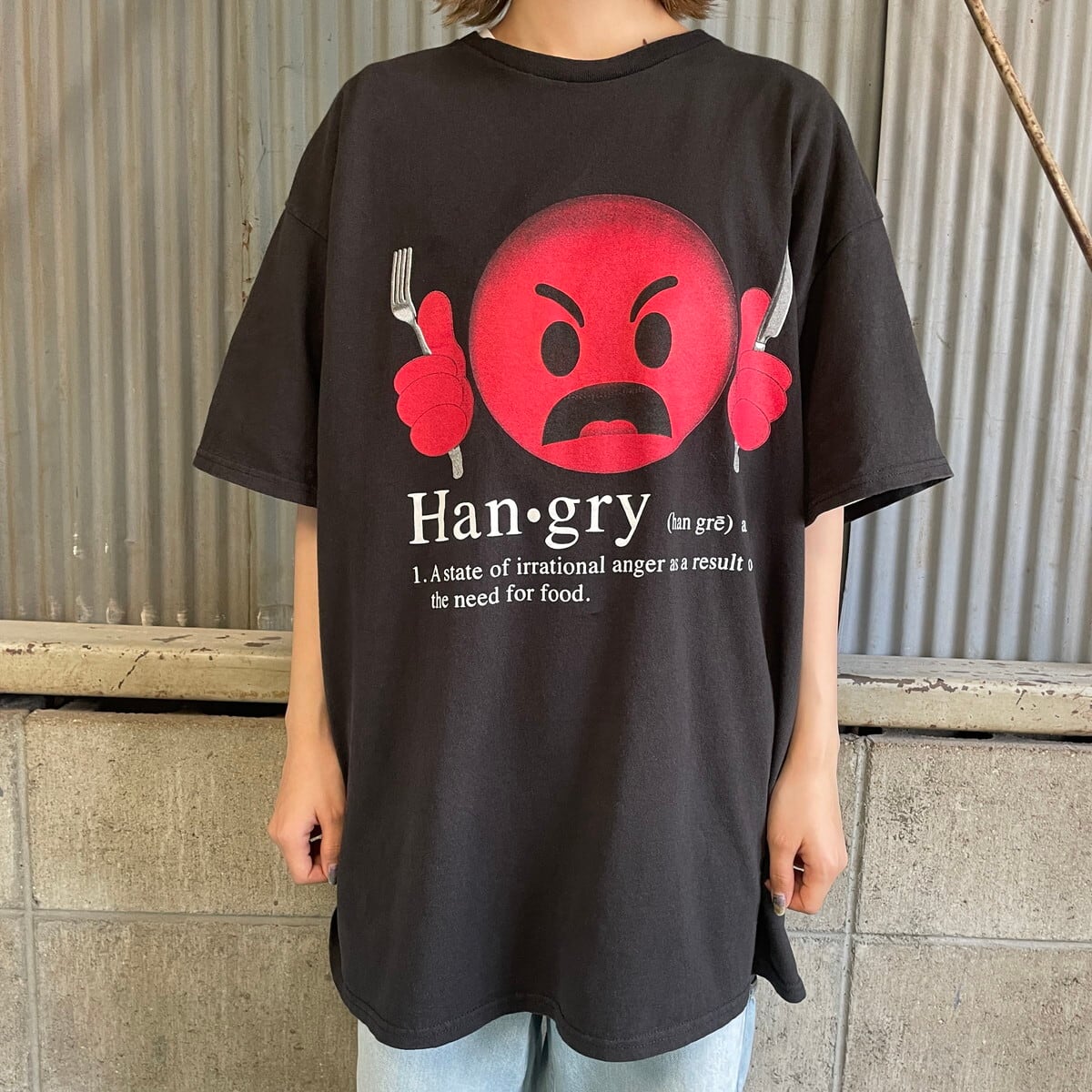 Han・gry イラスト プリントTシャツ メンズXL 古着 ブラック 黒 レッド