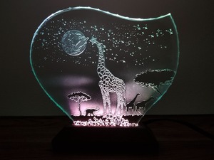 月ウサギとキリンのガラスエッチングパネル・LEDスタンドセット（ランプ・ライト・照明）