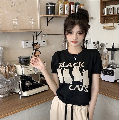 【大きいサイズXL-4XL】【春夏新作】ファッショントップス♪ブラック/アンズ2色展開◆#sermc-259517　猫