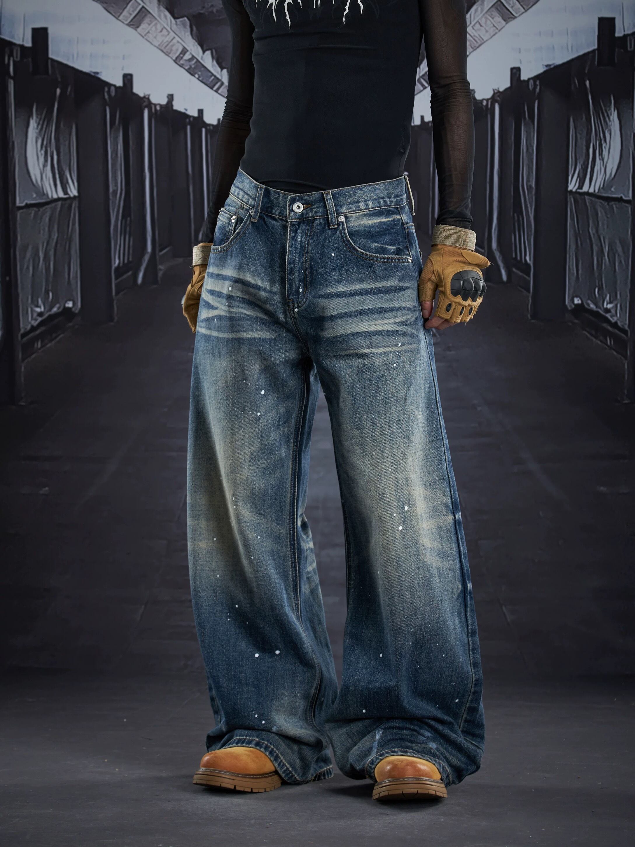 NOMANIAI-】 Hand-Painted Honeycomb Curved Wide-Leg Denim | NoireV