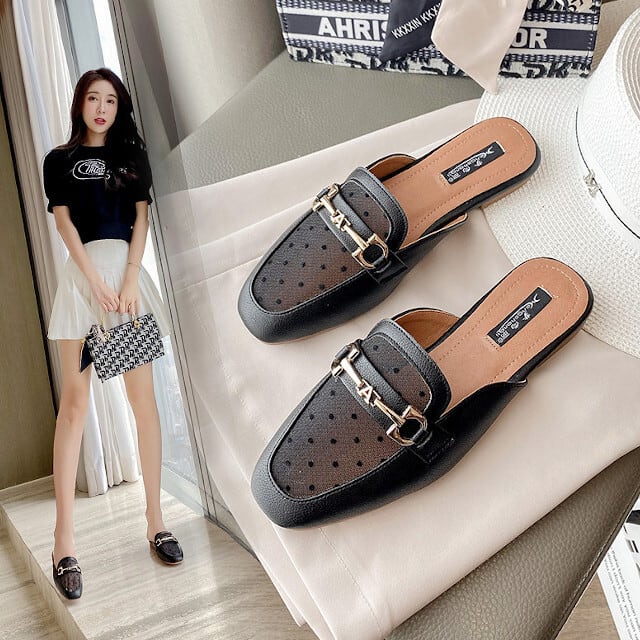 サンダル レディース バブーシュ ドット シースルー シューズ ペタンコ ホースビット 上品 サイズ展開豊富 アプリコット/ブラック 22cm/22.5cm/23cm/23.5cm/24cm/24.5cm/25cm/25.5cm