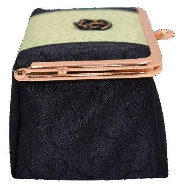 がま口 化粧 ポーチ ミラー付き (黒×ミント) 和柄 ジャガード 工房 手作り 日本製 エコパッケージ MX-0010-142