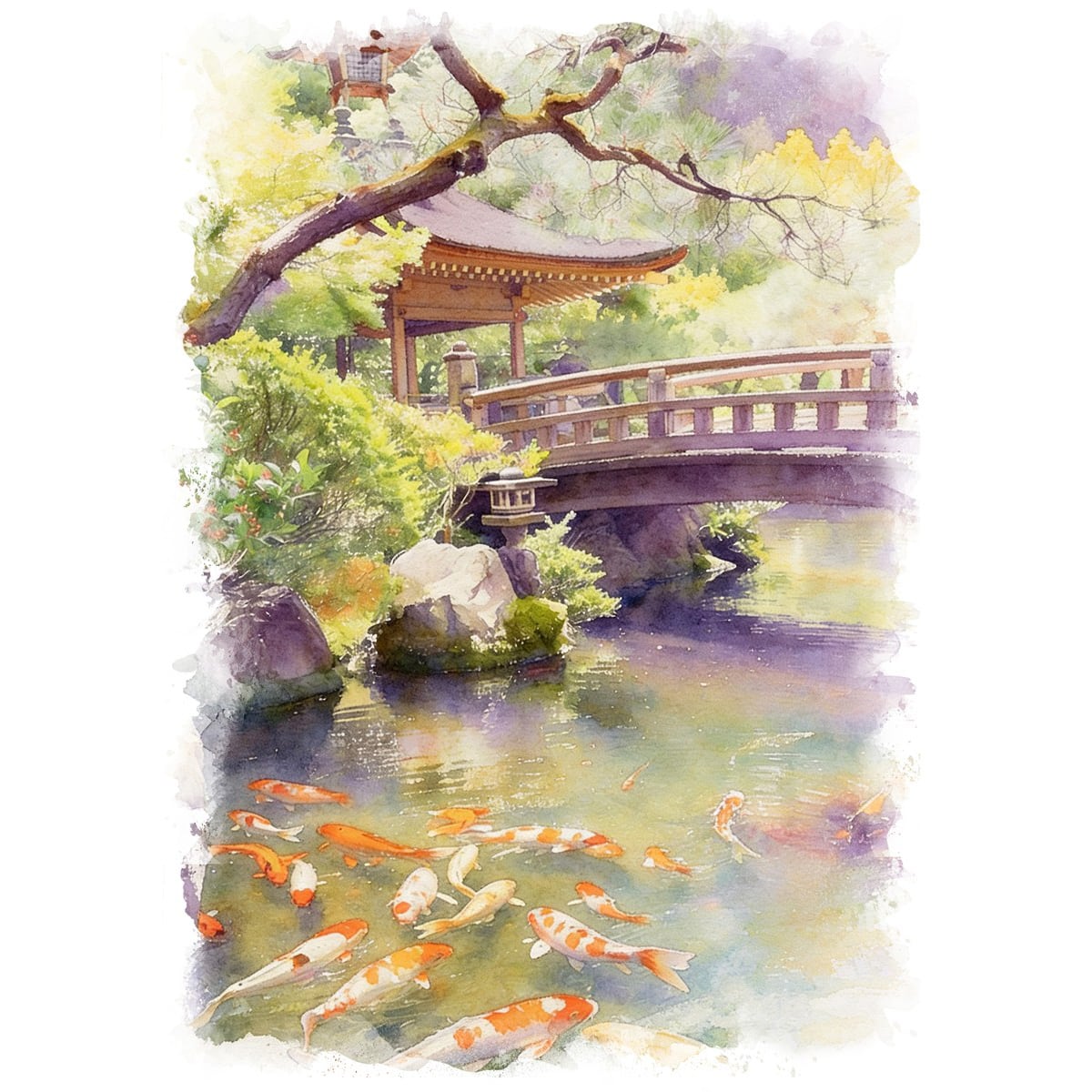 絵画(風景画) 日本庭園の鯉 インテリアアート額付き 水彩画・油絵風