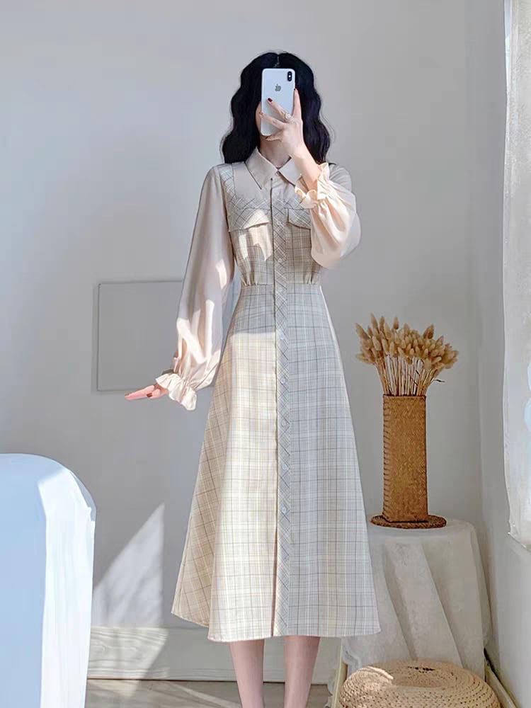 異素材コンビワンピース フーチークーチー チェック ベージュ 人気  