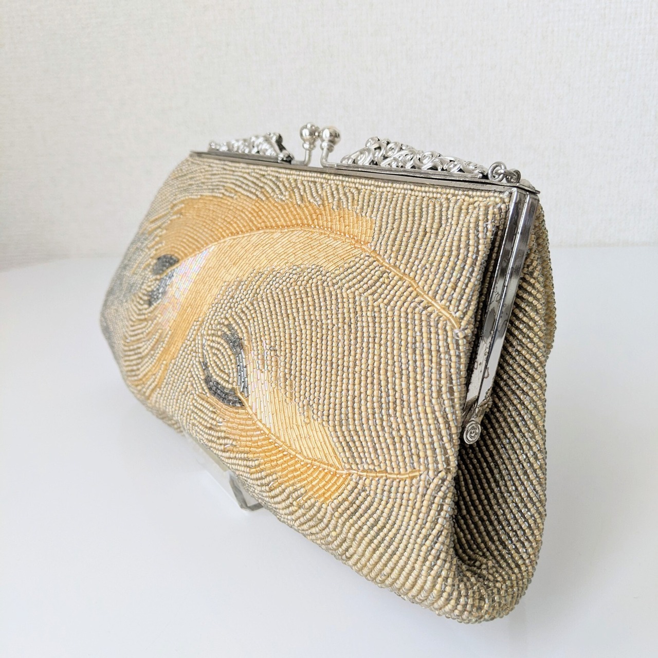 Vintage】ビーズ刺繍バッグ Beaded Bag 東京手刺繍 ベージュ 孔雀の 