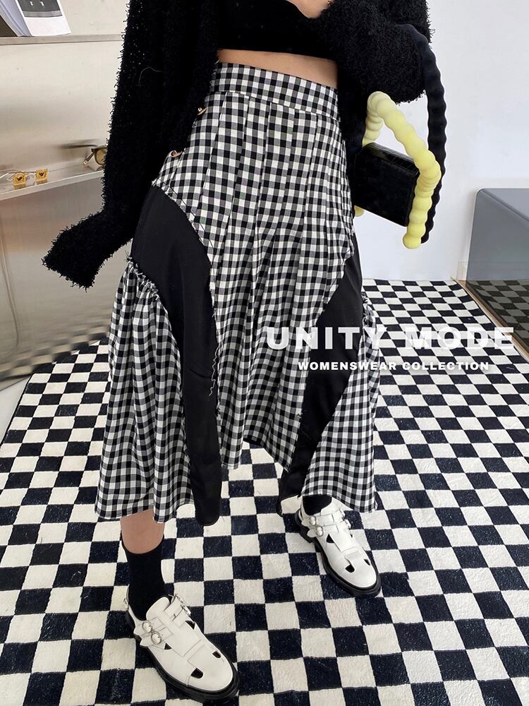 ブラックホワイトスカート オータムスタイルハイウェストウェストカラーAライン 秋物 ビッグFスモールZ韓国67687722198