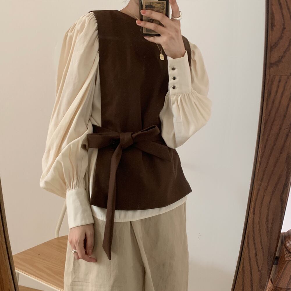 秋新作 ブラウス ニットベスト セットアップ パフスリーブ レディース お洒落