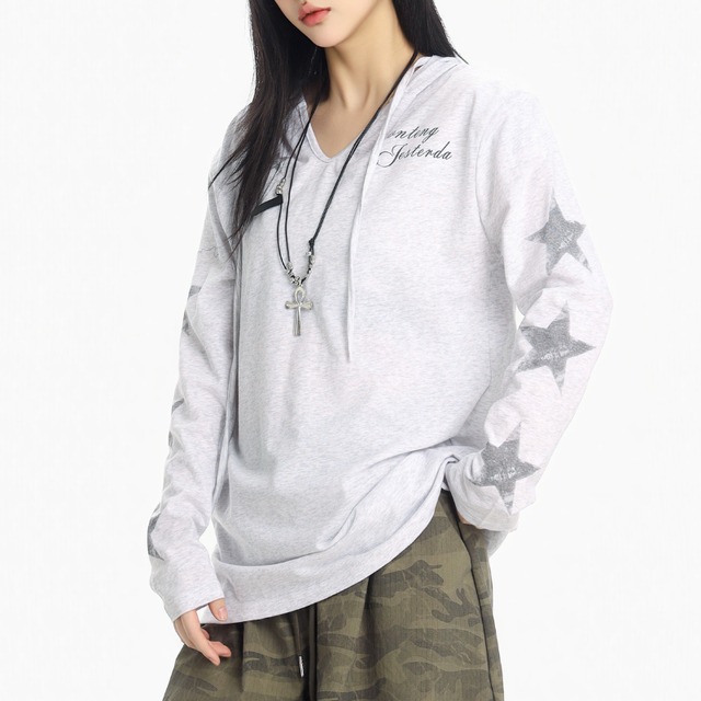 fade star hooded long tee　フェードスターフード付きロングティー　J1753