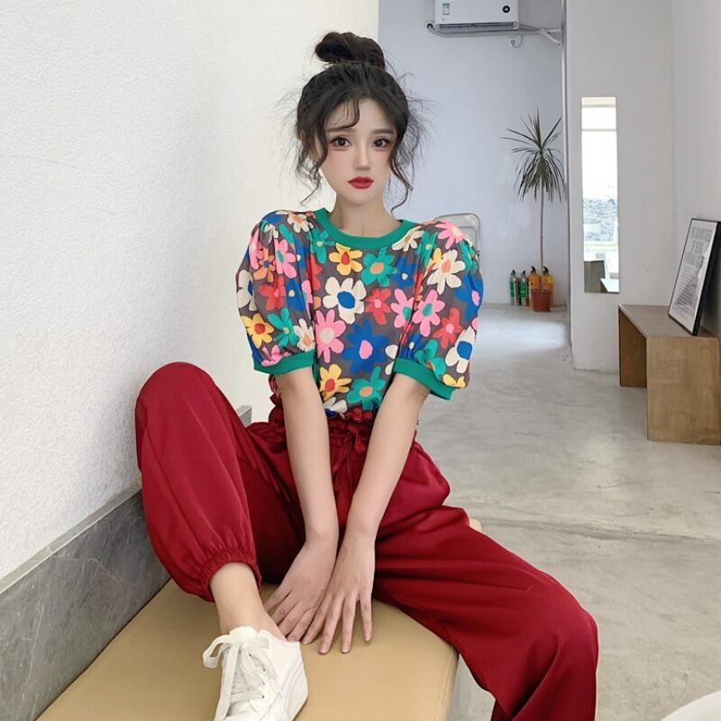 サマーレッドTシャツ カジュアルロングパンツ ストリート 夏物 1号婦人11256047376