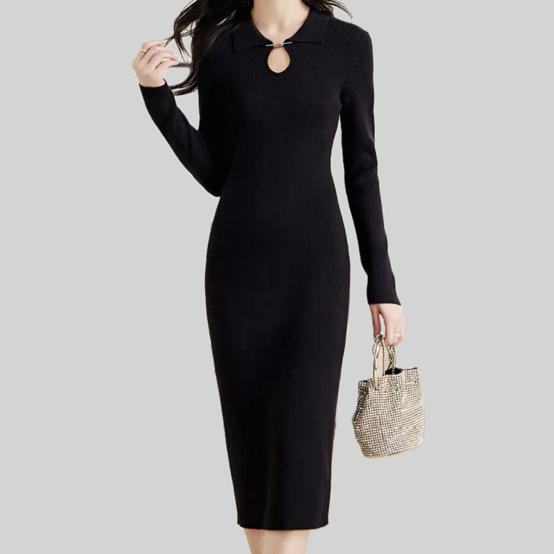 Decolletage metal cutting design rib knit tight long one piece 00115