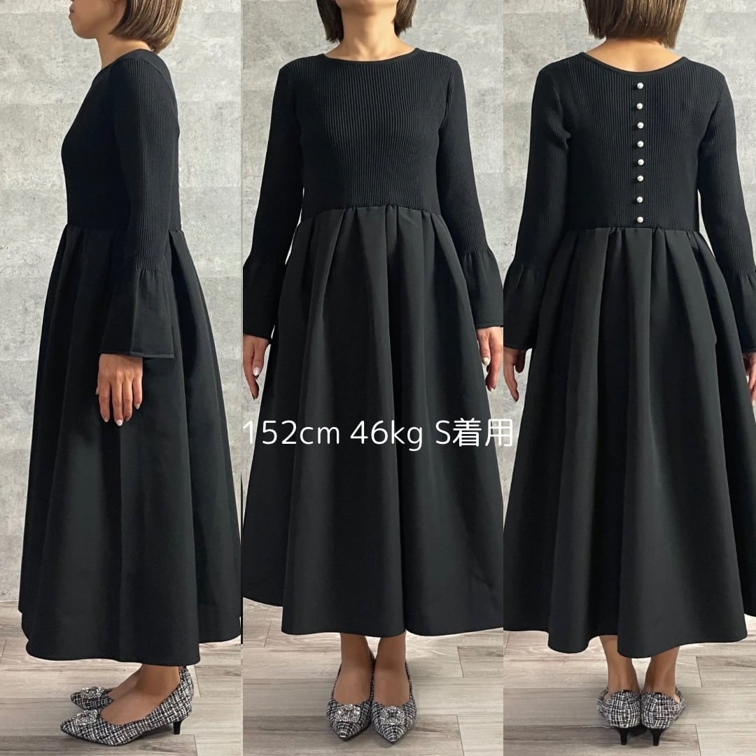 SALE【小柄S】長さ選べる パール付きお袖フレア2wayニット切り替え