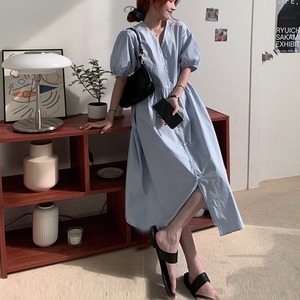 シャツワンピース レディース 送料無料 ミモレ丈 半袖 パフスリーブ カジュアル 春秋 121993