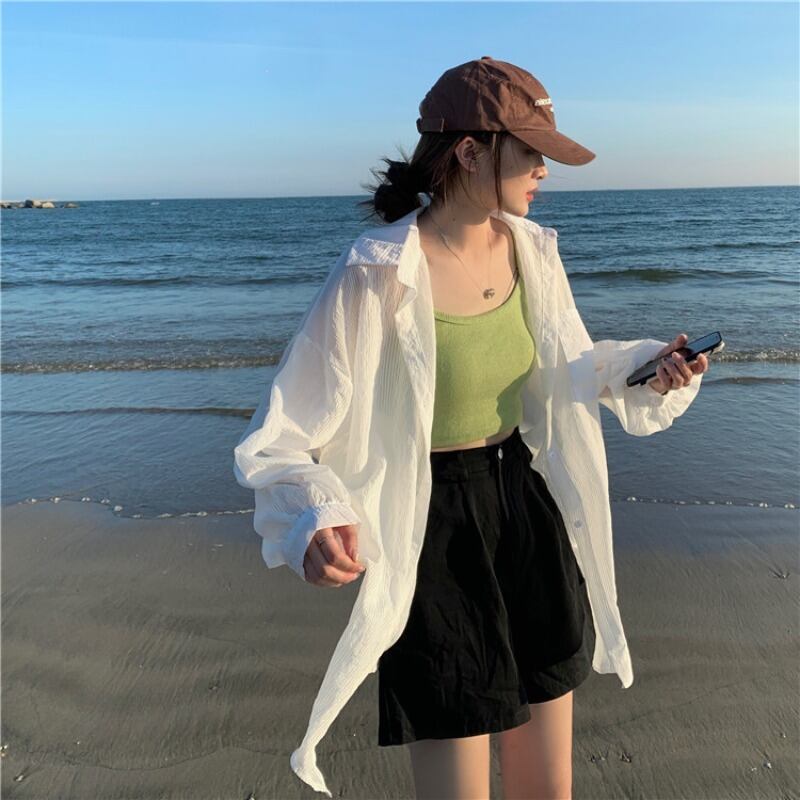 スタイルシャツ ジャケット サマー薄手カジュアルルーズトップス ロング 夏物 ブラックストロベリース91902932463