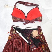 ベリーダンス オリエンタル 衣装 上下セット レッド系 トップス スカート アーム飾り 腕飾り 頭飾り 赤 スパンコール ビーズ ラインストーン 豪華 装飾 華やか 鮮やか キラキラ ステージ イベント ダンス衣装