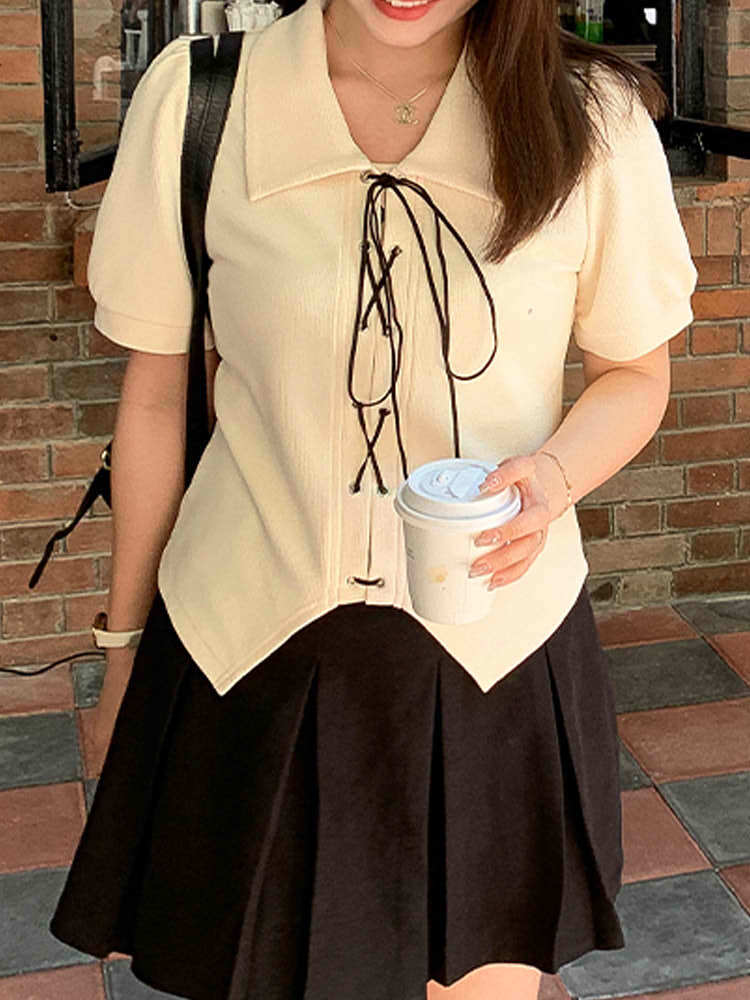 映えるレースアップでぐっとシャレ見え レースアップ半袖ブラウス カジュアルコーデ かわいい 夏 大きいサイズ 韓国 CH8956