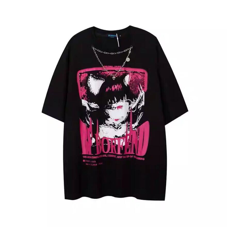 ゴスロリ通販 With U Tシャツ チェーン付き 悪魔プリント柄 ユニセックス 地雷系 量産型 大人ゴシック キレカジ