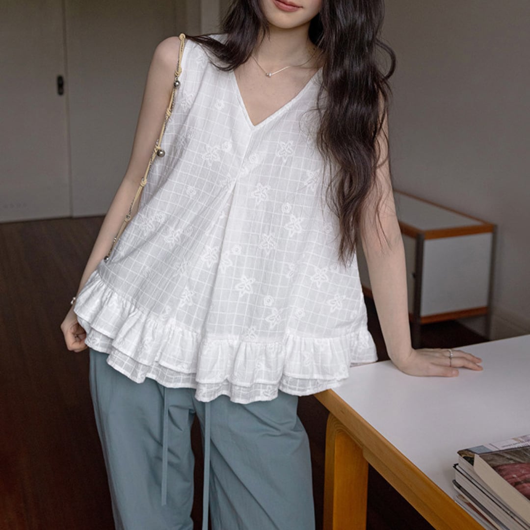 flower embroidery frill hem blouse