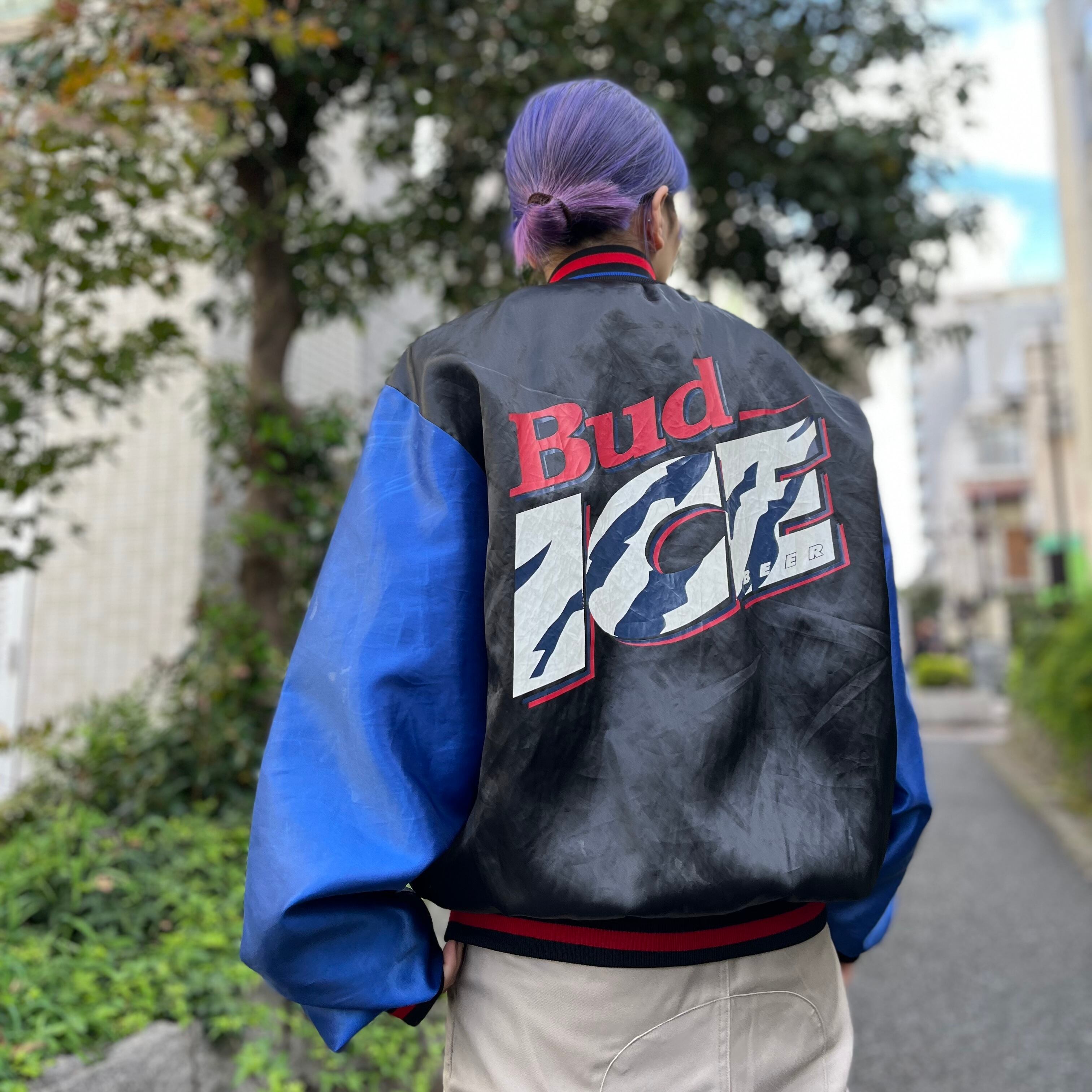 USA製 size:L程度【 Bud ICE BEER 】スタジャン サテン 黒 青 古着