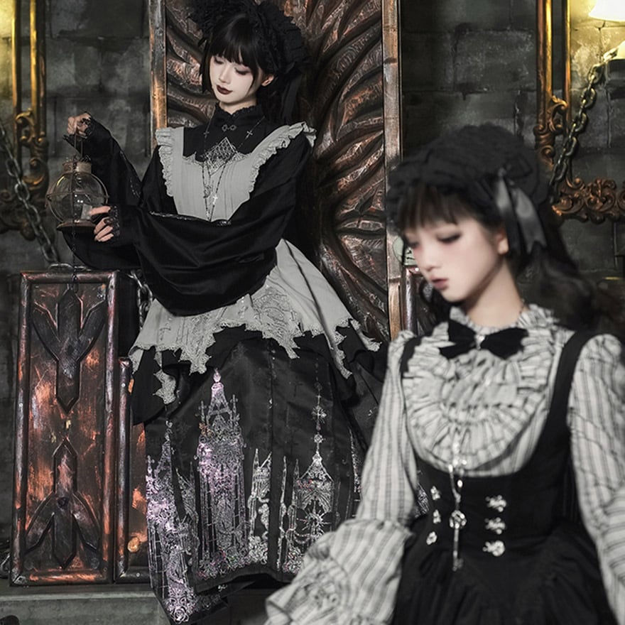 ゴスロリ 6点 セット ストライプ 姫袖 ブラウス コルセット ボンネット