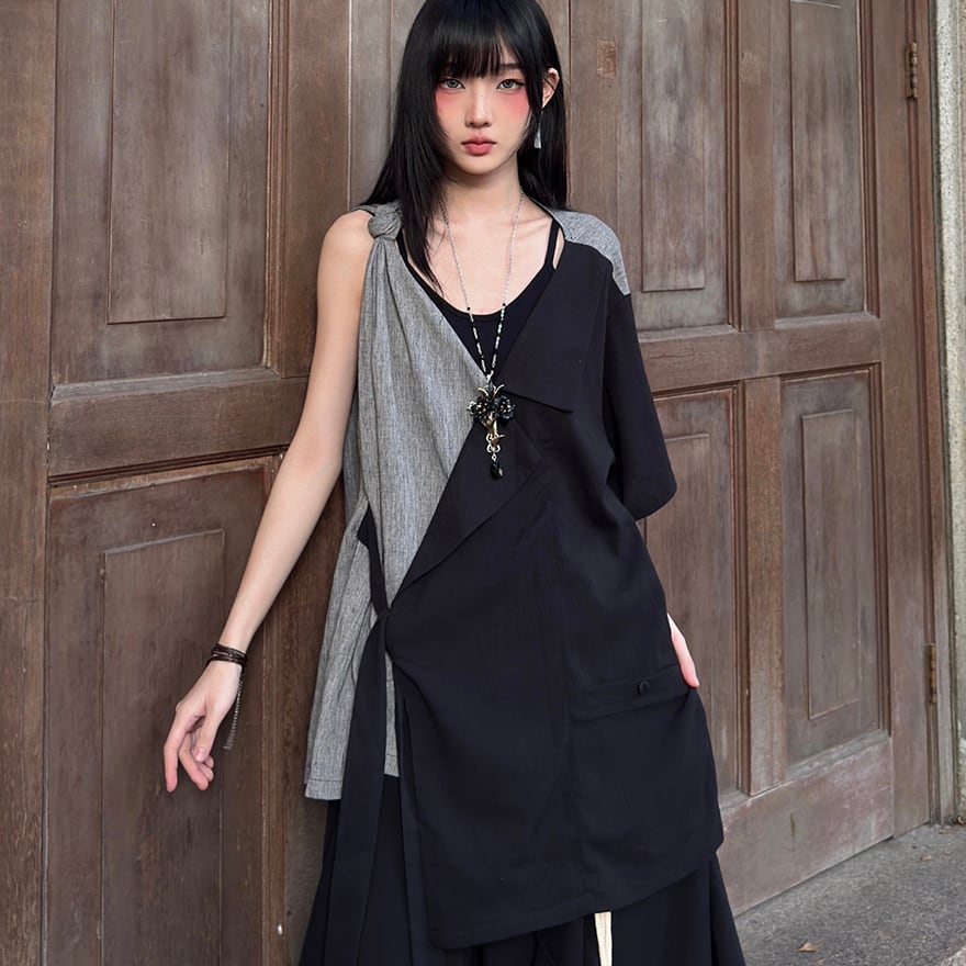 サブカル 服 地雷系 通販 チャイナ風服 トップス Tシャツ フェイクツーピース レイヤード風 FG721