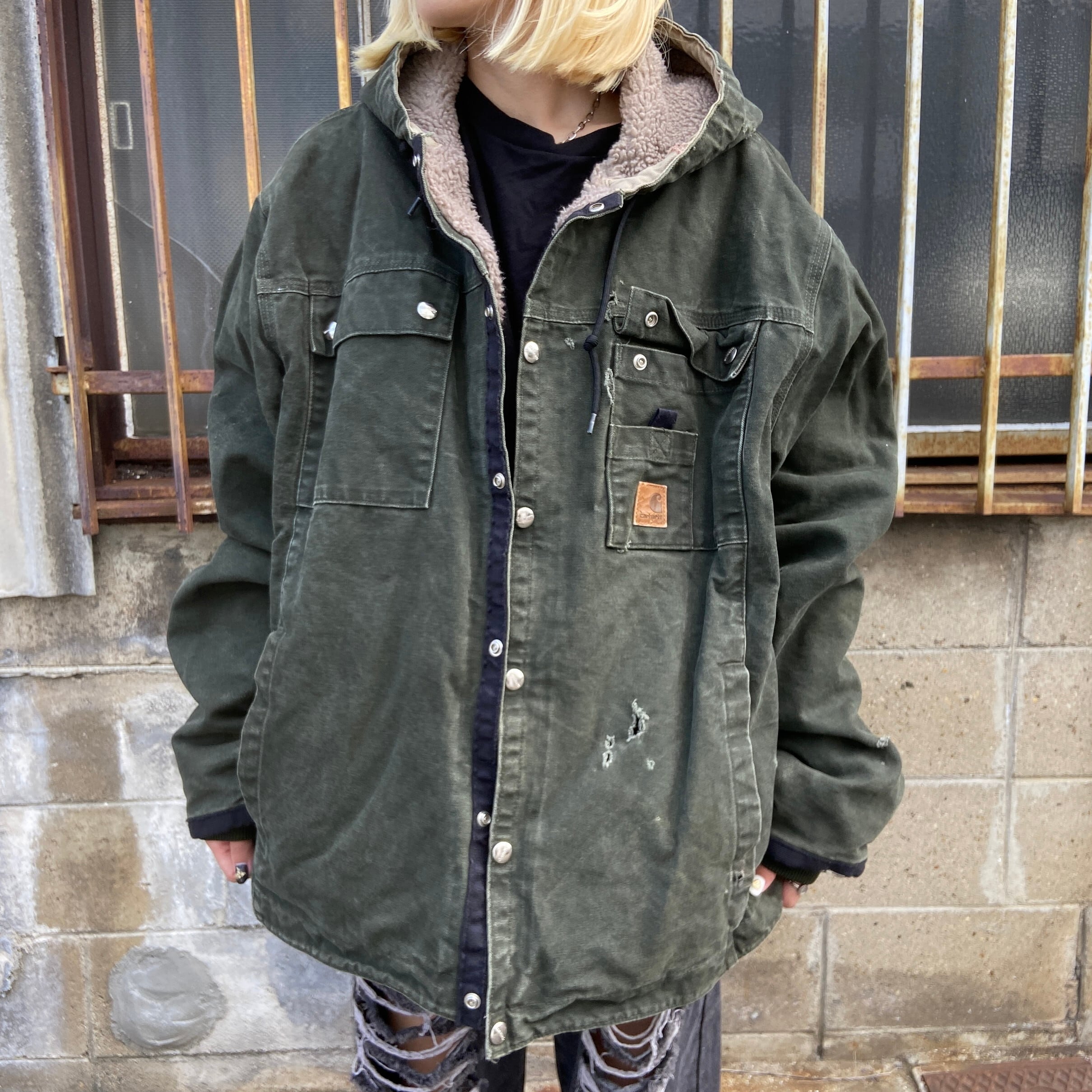 Carhartt カーハート サンドストーン フードジャケット メンズl 古着 ダック地 ワークジャケット ボアライナーモスグリーン 緑色 ワーク ジャケット Cave 古着屋 公式 古着通販サイト