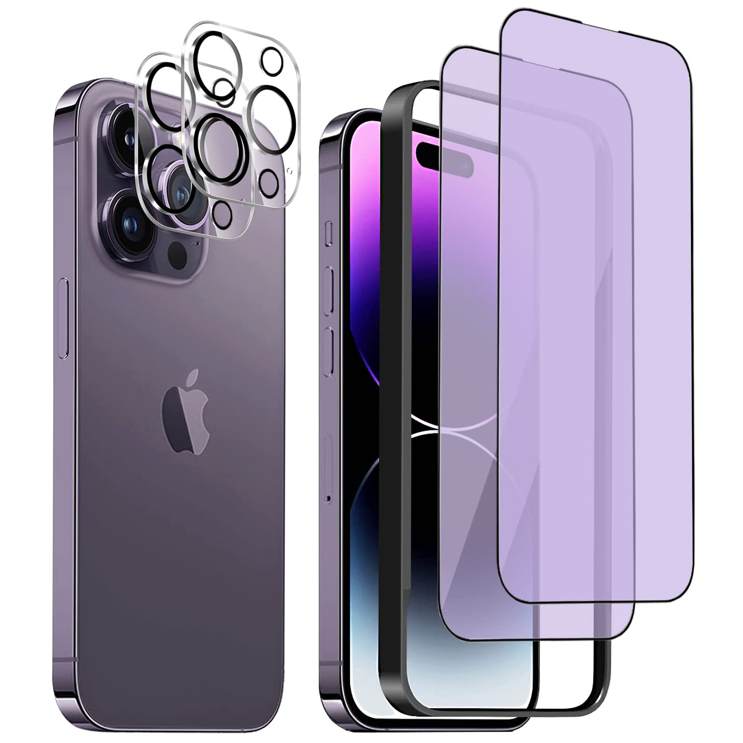DZHFU iPhone 14 Pro max 用 強化ガラスフィルム【4枚入り】 ブルーライトカット 6.7インチ 硬度9H 滑らかなタッチ操作 指紋付着防止 自動吸着 飛散防止 気泡防止 全面保護フィルム ガイド枠付き 貼り付けは簡単【強化ガラスフィルム(2枚入り)+レンズ保護フィルム (2枚入り)】