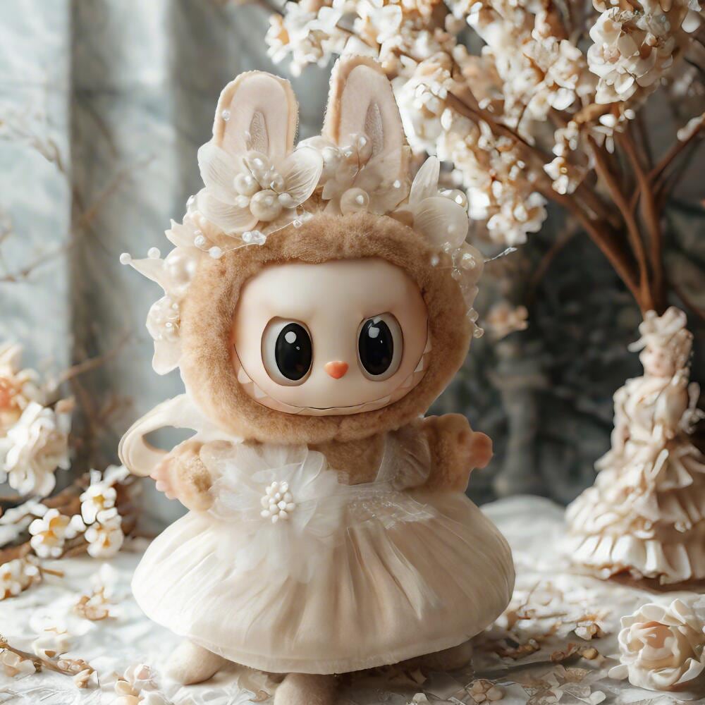 【ヘアアクセサリー+ウェディングドレス】17cm labubu ラブブベイビー服 座席り 立てち姿勢 ウェディングドレススカート 全モデル対応