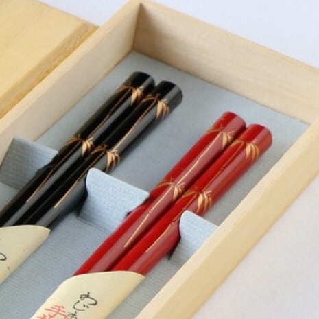 輪島塗 桐箱二膳入 手描蒔絵 竹