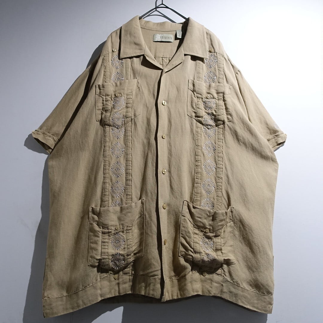 “Cubavera” Beige Embroidery & 4Pocket Linen & Rayon Cuba Shirt