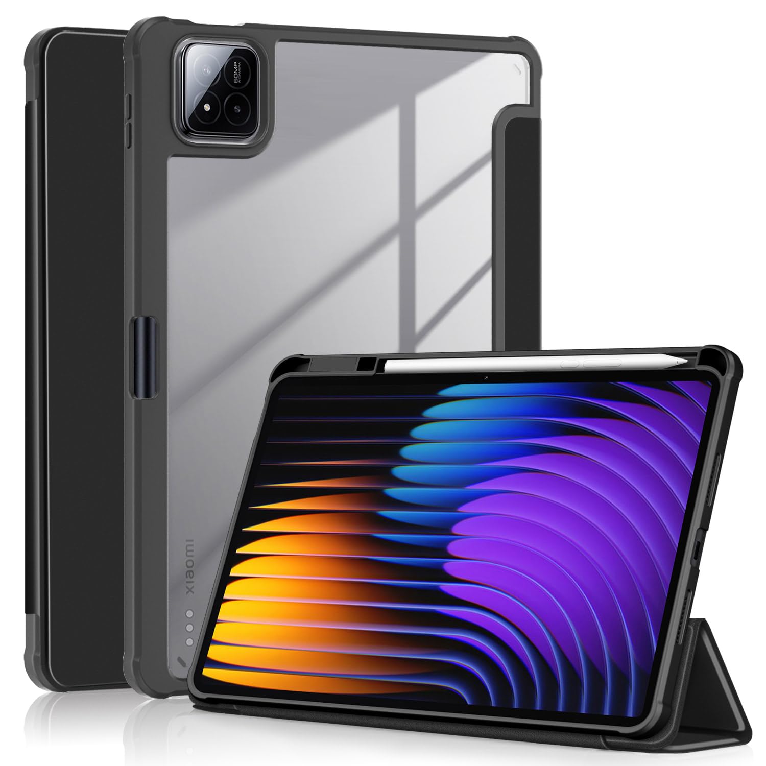 For (シャオミ) Xiaomi Pad 8/8 Pro/Xiaomi Pad 7/7 Pro ケース ペンホルダー付き【Trocent】11.2インチタブレットケース マグネット開閉式 オートスリープ機能 透明バックカバー 背面透明 専用保護ケース スタンド機能 三つ折 手帳型 軽量 おしゃれ 衝撃吸収 (ブラック)