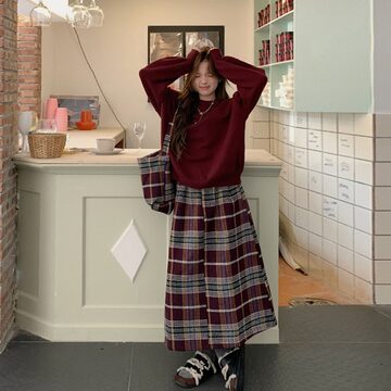 春 秋 冬 レディース セットアップ ブラウス シャツ スカート 黒×赤 赤