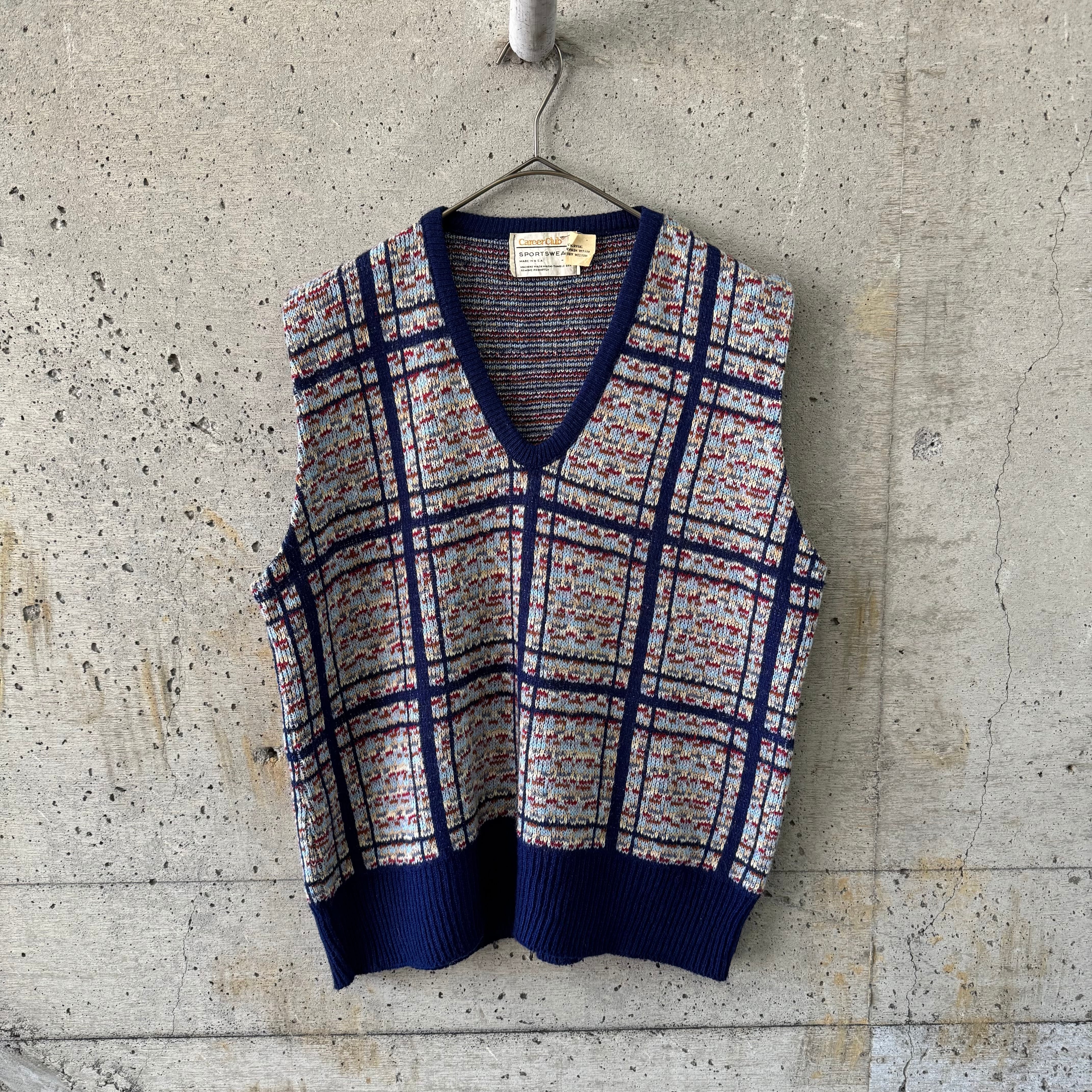 blue check knit vest