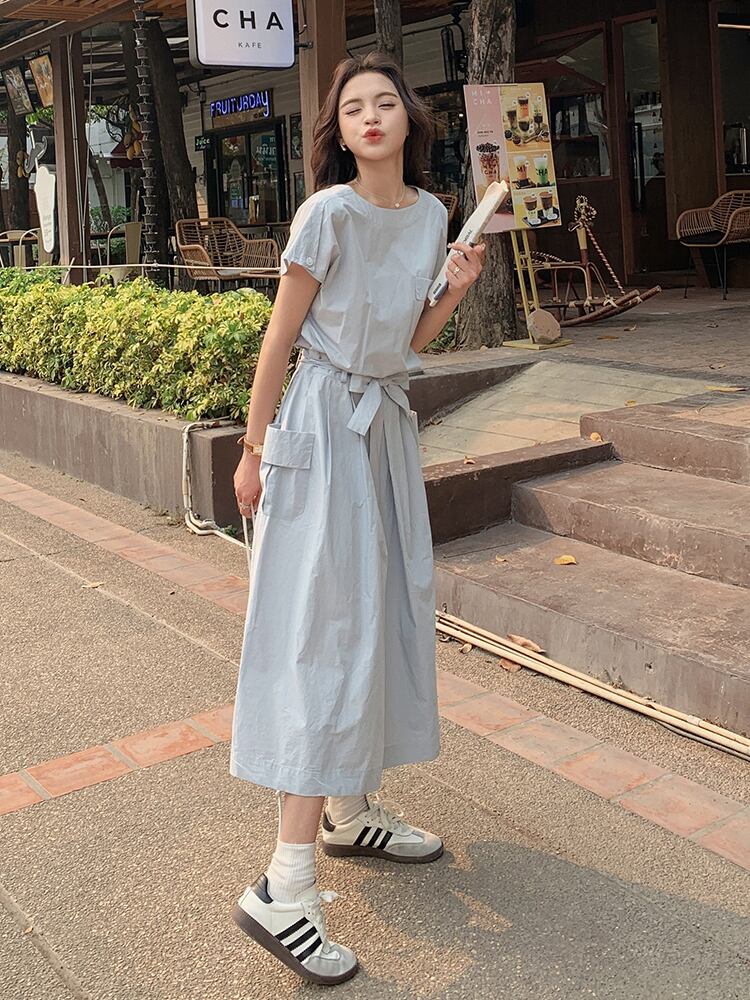 きれいめカジュアルリボンライトブルーワンピース | 韓国/ワンホン