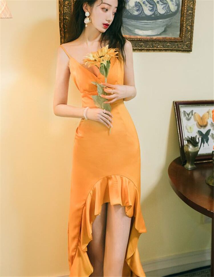 ★高レビュー★新作 背透けて サスペンダーワンピース フィッシュテールスカート