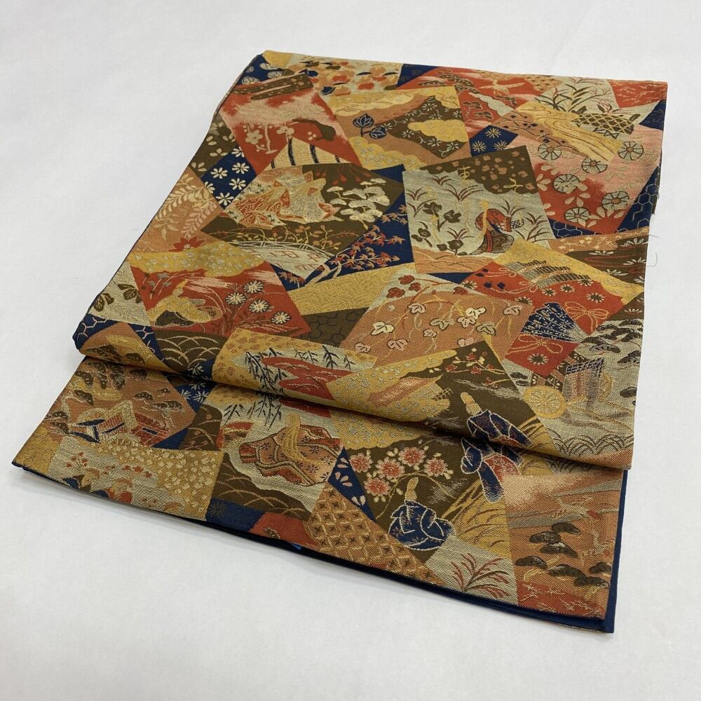 中古 洒落袋帯 正絹 草花 全通柄 マルチカラー Cランク 427cm 5460