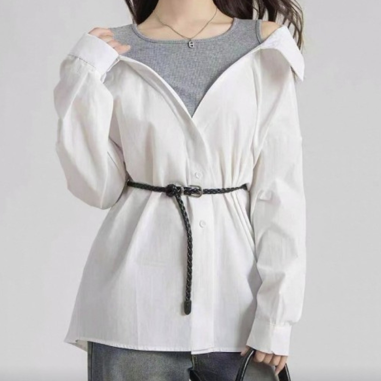 ボタンフロント  ウエストベルト シャツ 　全2色　 00065