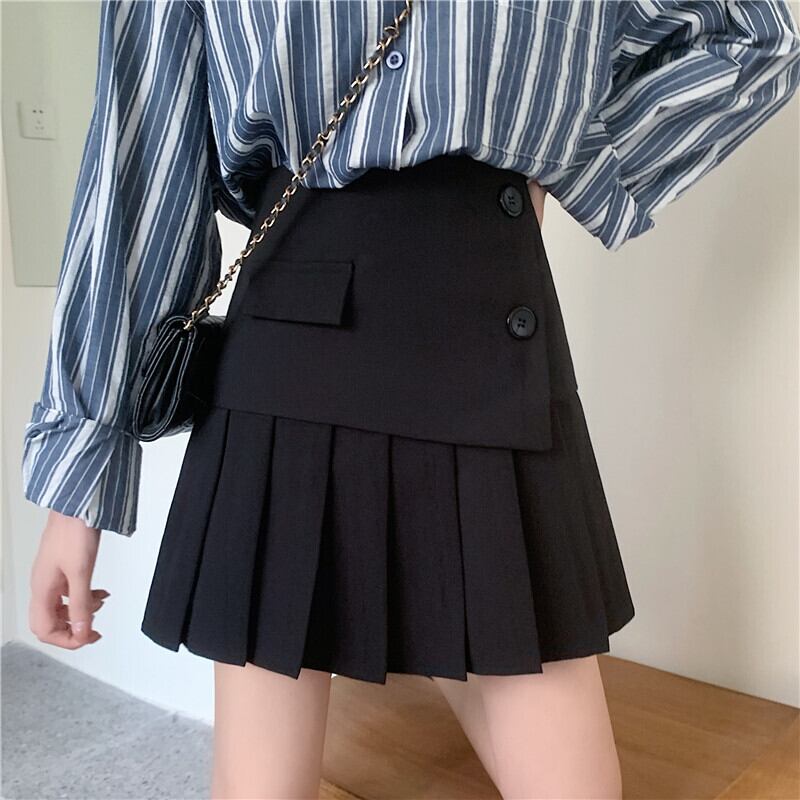 ブラックスカート ハイウェストウェストプリーツAラインショートスプリングオータム薄手 春物 秋物 YY-ファッション53185473164