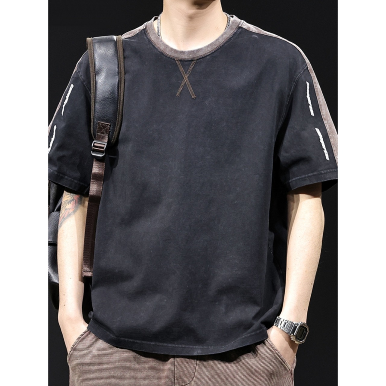 Cotton Oversized Line Design Crew Neck Short Sleeve T-Shirt ◇2color H0452