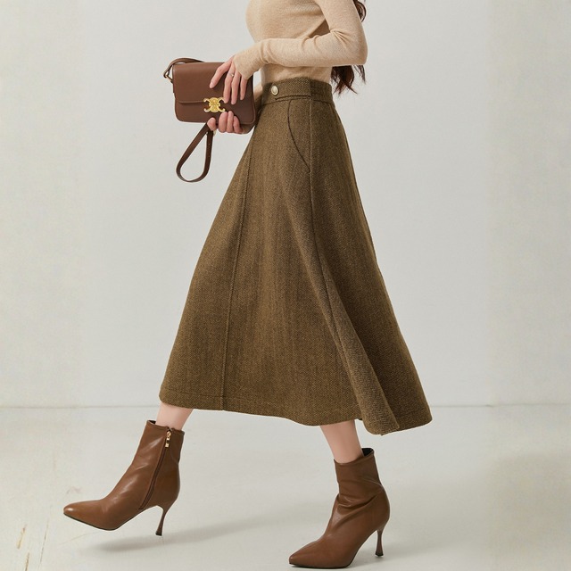 ボタン ヘリンボーン ミモレ丈 Aラインスカート K1170